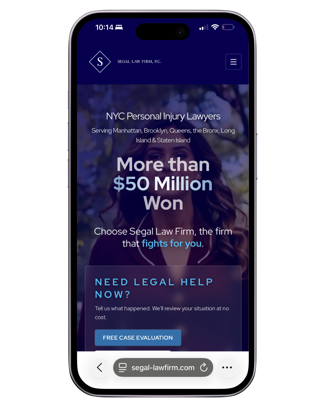 Segal Law Firm homepage on an iPhone